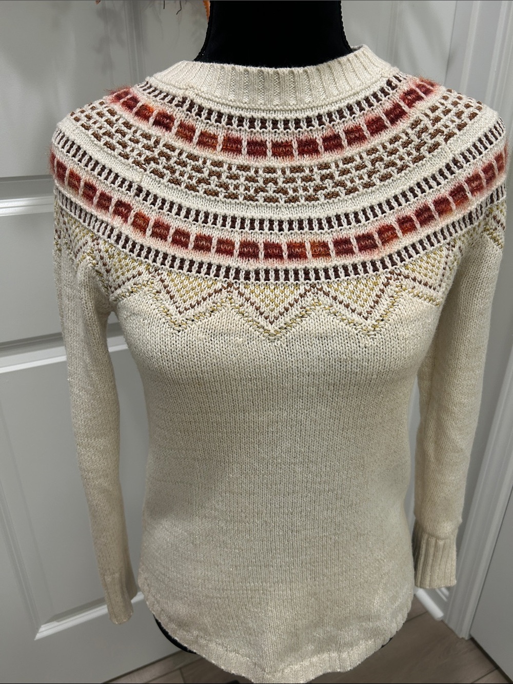 LOFT Cream Fair Isle Yoke Turtleneck Sweater with Rust Accents